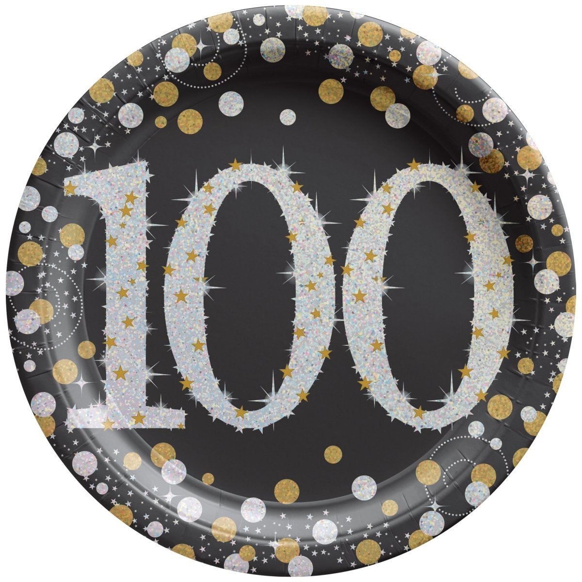 100th Sparkling Celeb Small Round Dessert Paper Plates, 7 Inches, 8 Count