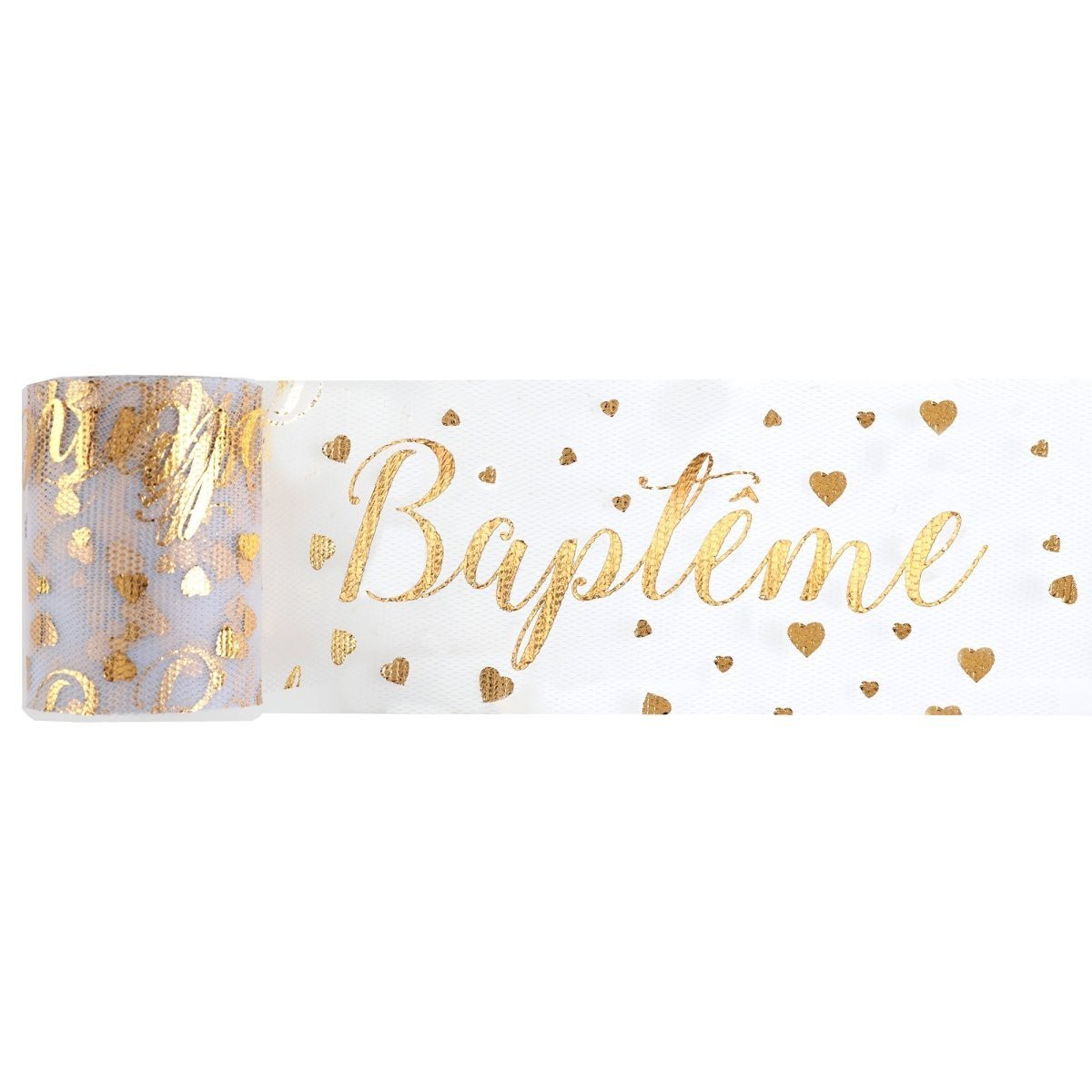 Baptism "Baptme" Tulle Ribbon, White and Gold, 393 Inches, 1 Count