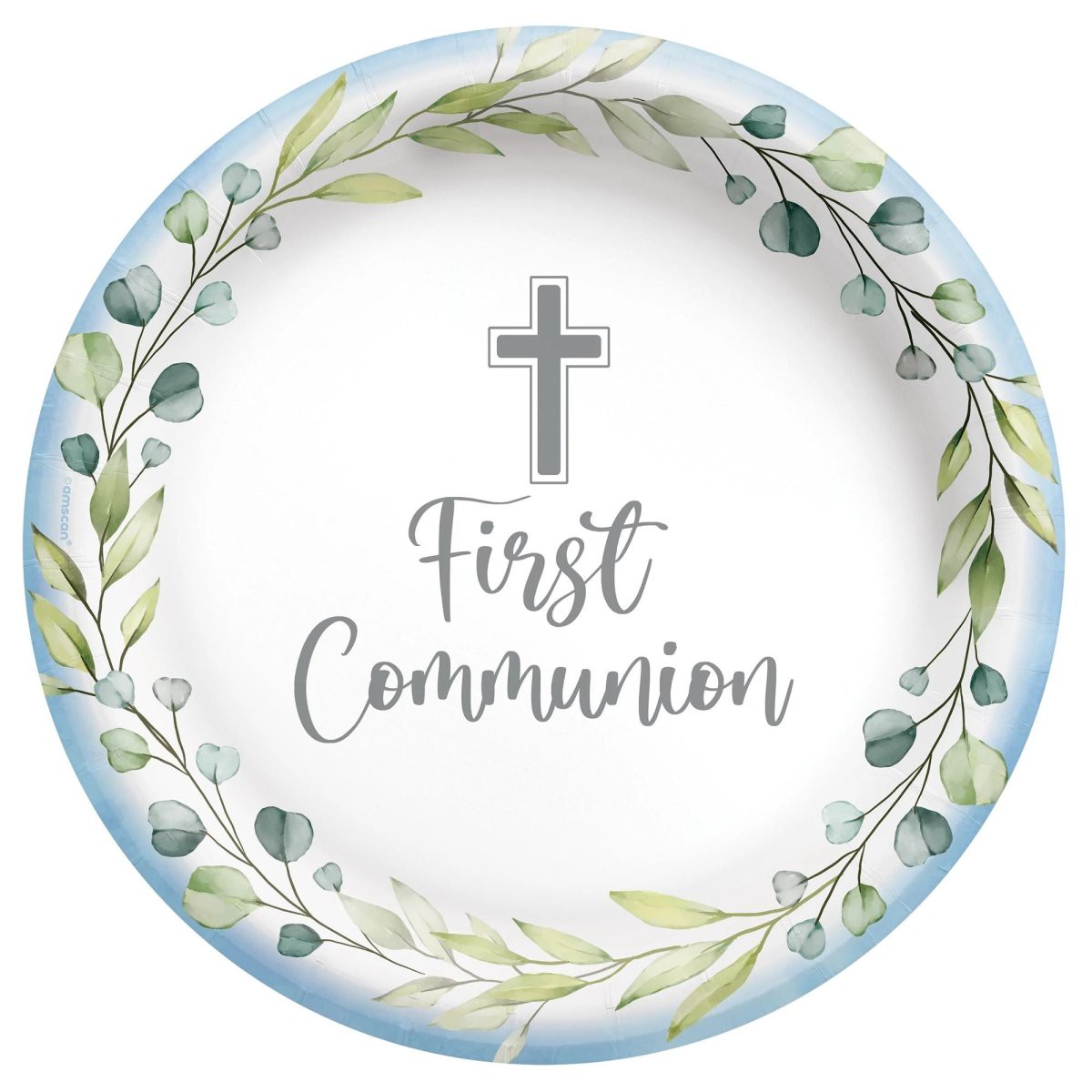 Blue Communion Large Round Lunch Paper Plates, 9 Inches, 20 Count